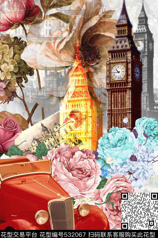 大本钟花卉汽车邮票复古海报复古英伦风精美男装T恤定位图案数码印花华亿平台下载（图片编号: 532067） - 瓦栏（Walan）