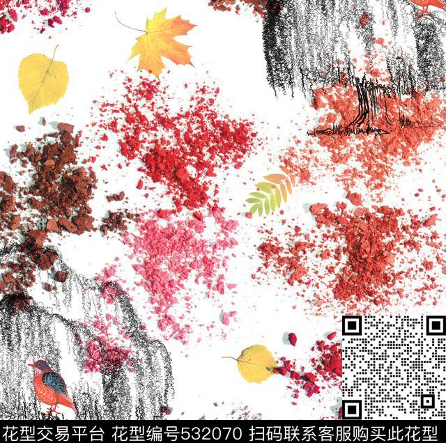 抽象红叶秋天山景数码印花华亿平台下载（图片编号: 532070） - 瓦栏（Walan）