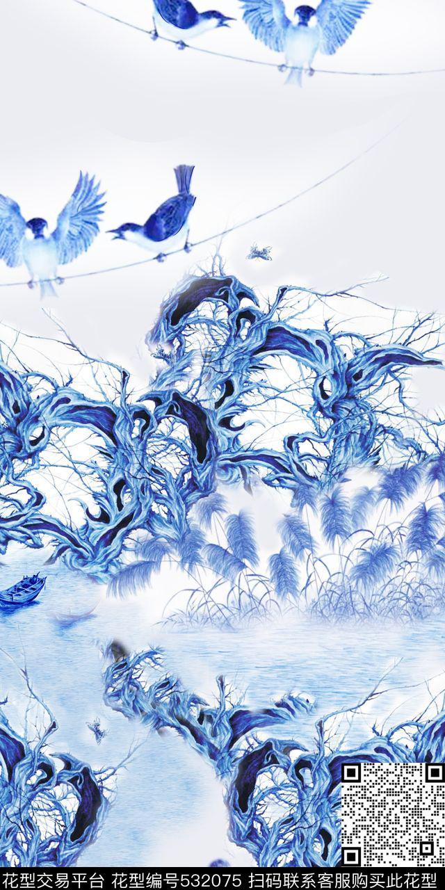 流行时尚中国园林青花系列数码印花华亿平台下载（图片编号: 532075） - 瓦栏（Walan）