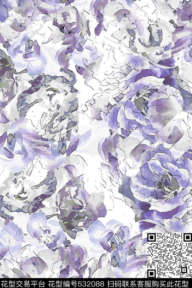 抽象水彩花卉服装面料华亿平台休闲时尚抽象水彩复古素雅数码印花华亿平台下载（图片编号: 532088） - 瓦栏（Walan）