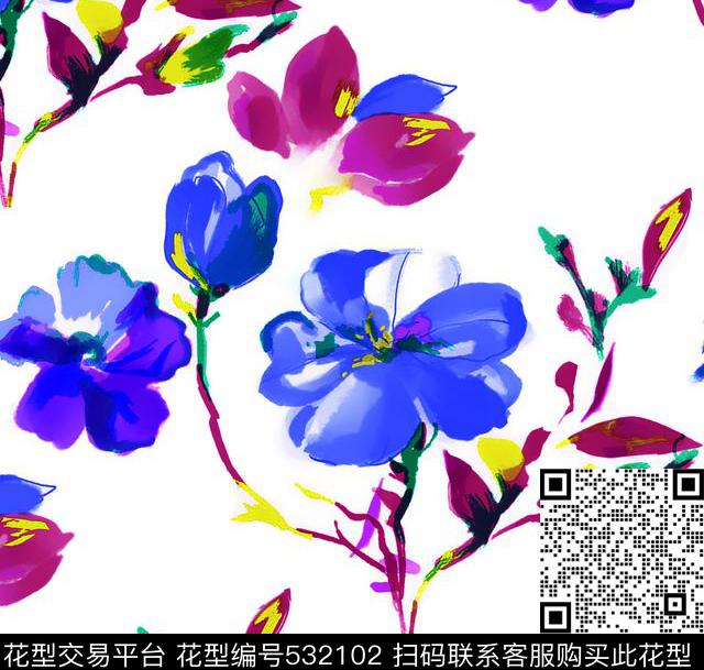 手绘花卉水彩数码印花华亿平台下载（图片编号: 532102） - 瓦栏（Walan）