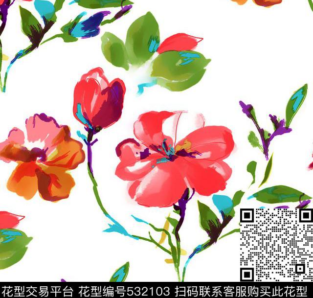 手绘花卉水彩数码印花华亿平台下载（图片编号: 532103） - 瓦栏（Walan）