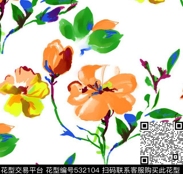 手绘花卉水彩数码印花华亿平台下载（图片编号: 532104） - 瓦栏（Walan）