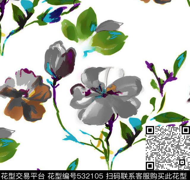 手绘花卉水彩数码印花华亿平台下载（图片编号: 532105） - 瓦栏（Walan）
