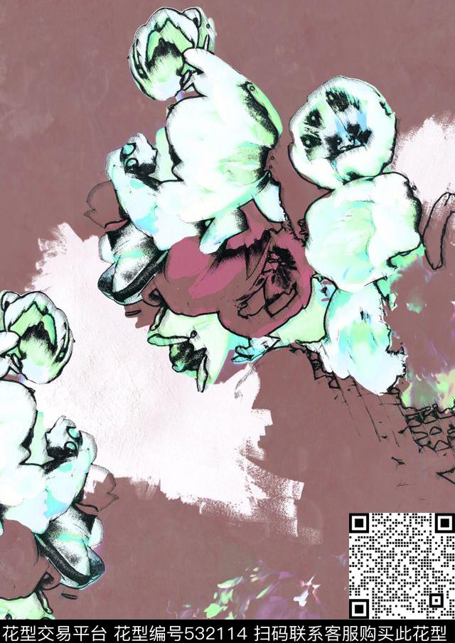 抽象花卉油画数码印花华亿平台下载（图片编号: 532114） - 瓦栏（Walan）