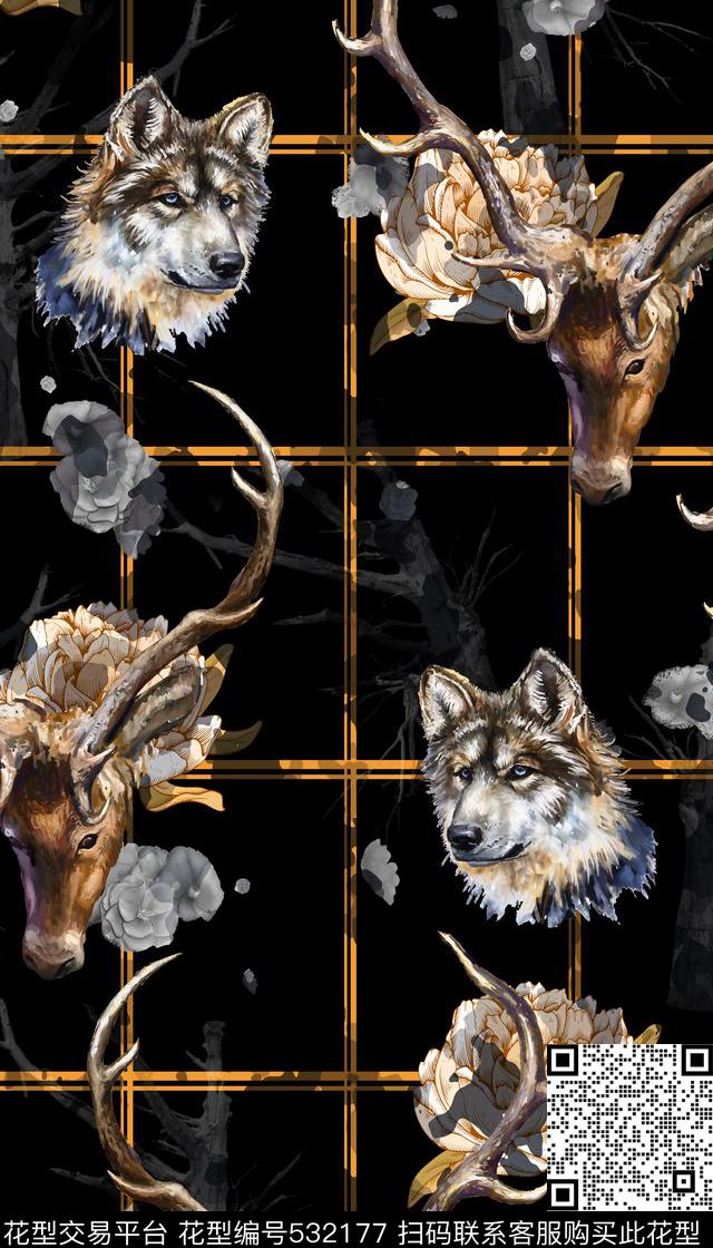 时尚潮流鹿头狼头数码印花华亿平台下载（图片编号: 532177） - 瓦栏（Walan）