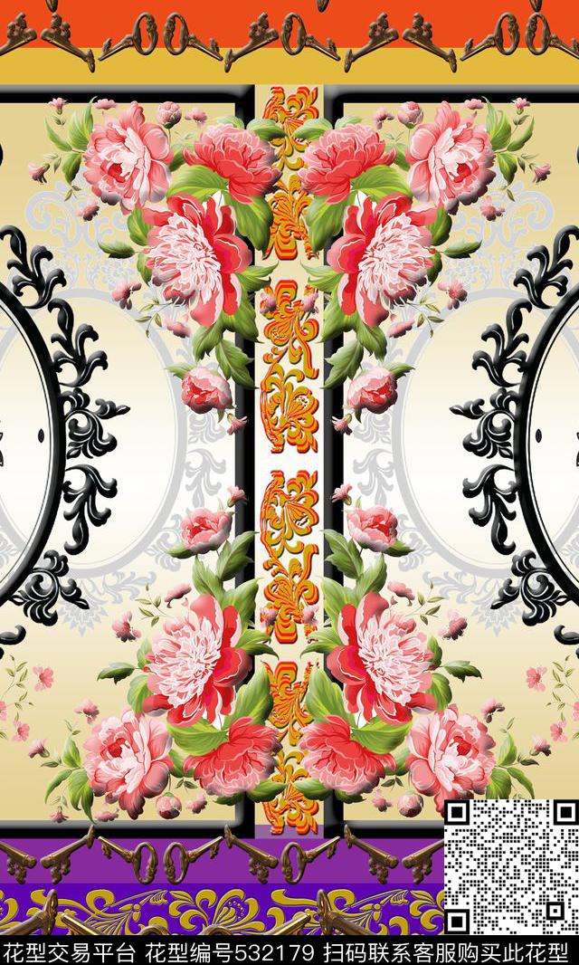 欧式花卉复古花卉钥匙数码印花华亿平台下载（图片编号: 532179） - 瓦栏（Walan）
