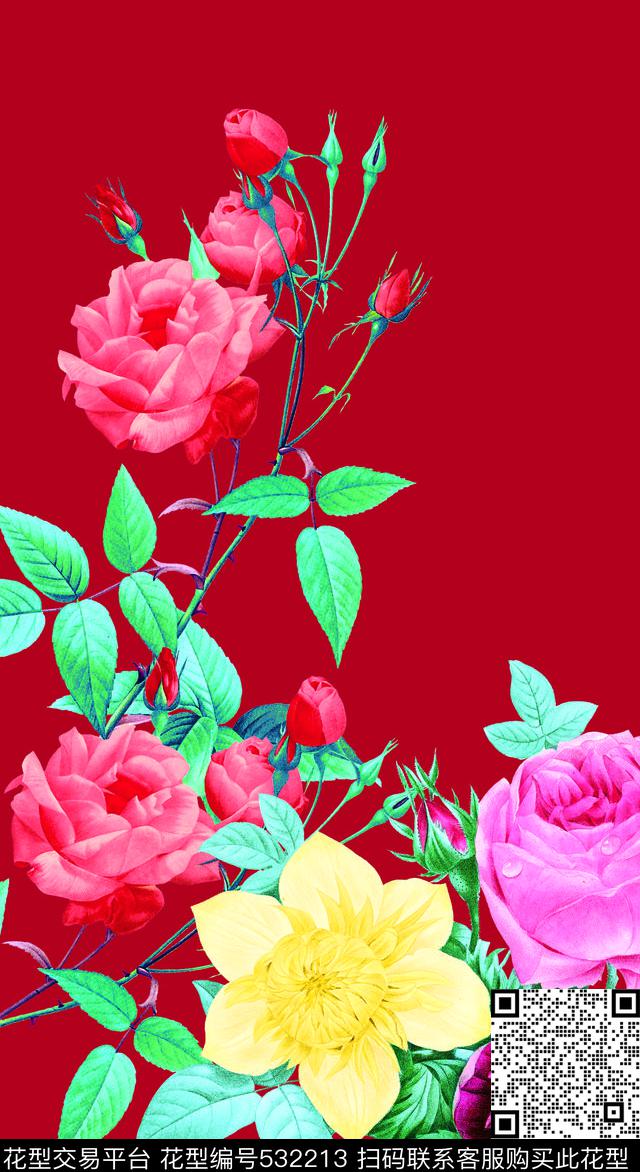 定位玫瑰花大裙子数码印花华亿平台下载（图片编号: 532213） - 瓦栏（Walan）