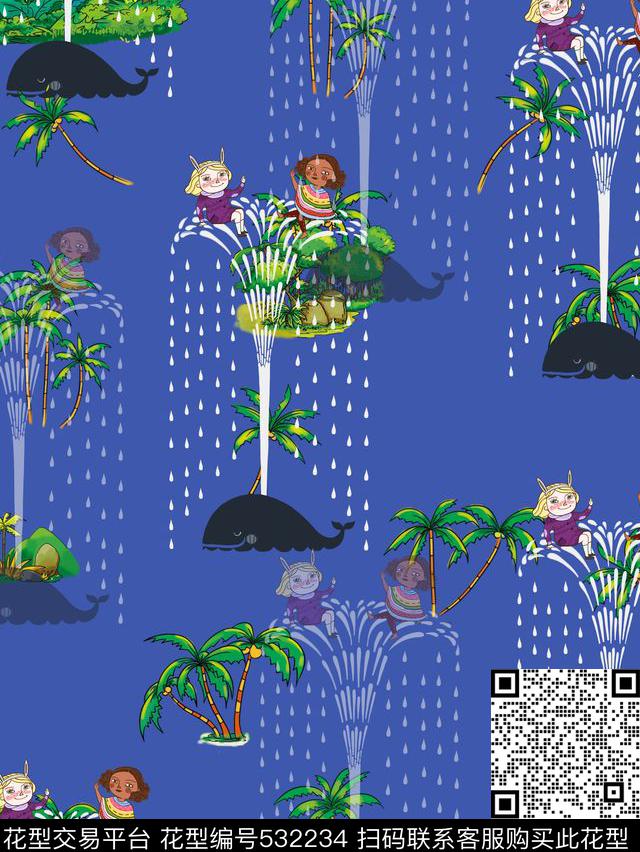 卡通椰子树海豚喷泉孩子流行时尚卡通趣味印花服装童装家纺卡通传统印花华亿平台下载（图片编号: 532234） - 瓦栏（Walan）