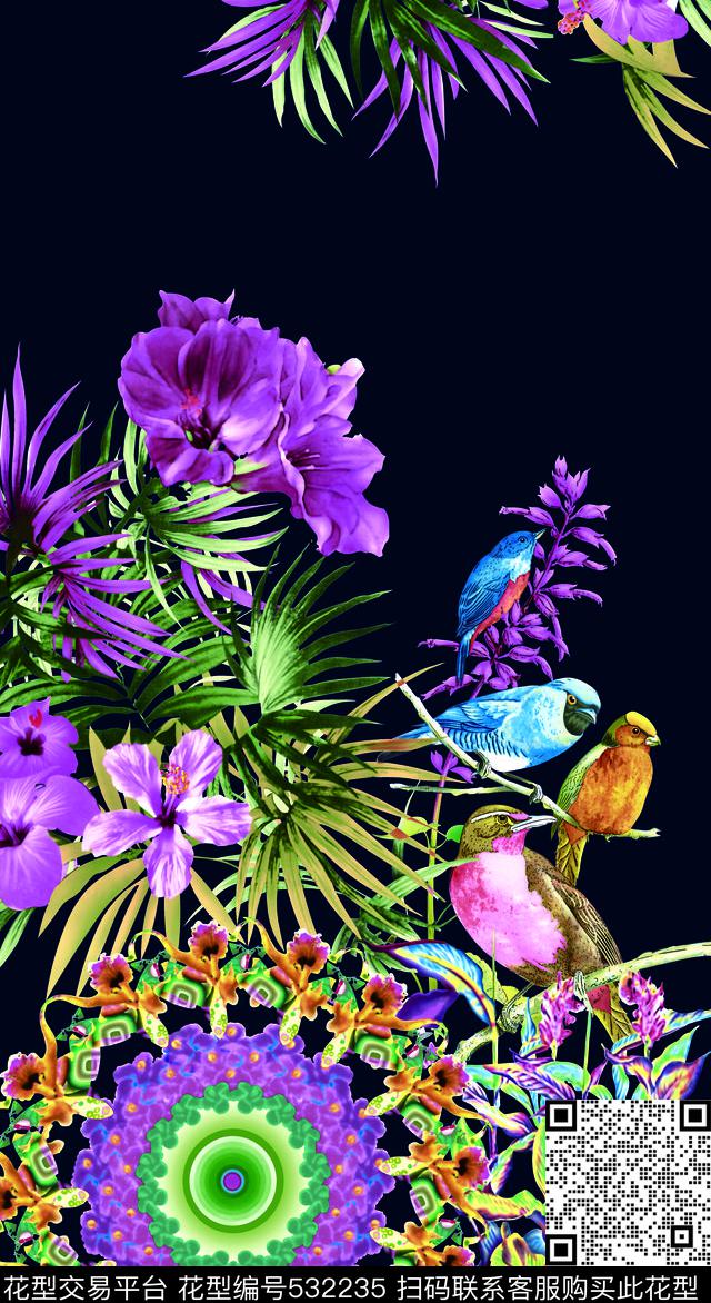 大花朵定位数码印花华亿平台下载（图片编号: 532235） - 瓦栏（Walan）