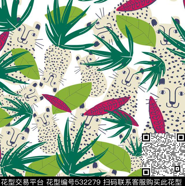 卡通树叶老虎传统印花华亿平台下载（图片编号: 532279） - 瓦栏（Walan）