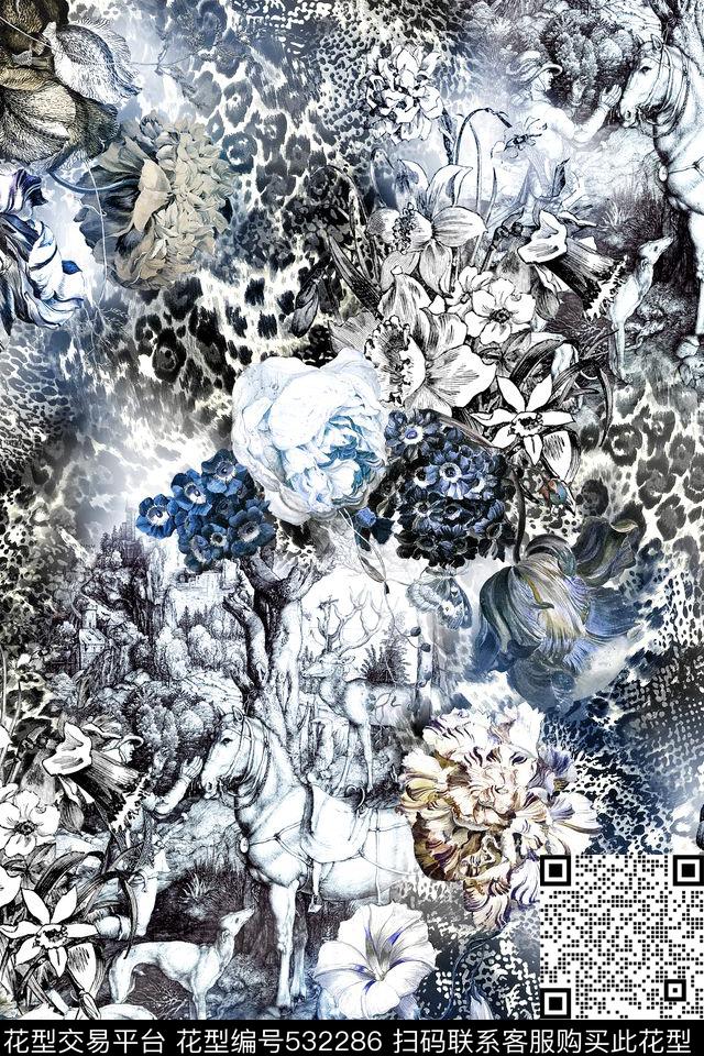 豹纹花卉马数码印花华亿平台下载（图片编号: 532286） - 瓦栏（Walan）