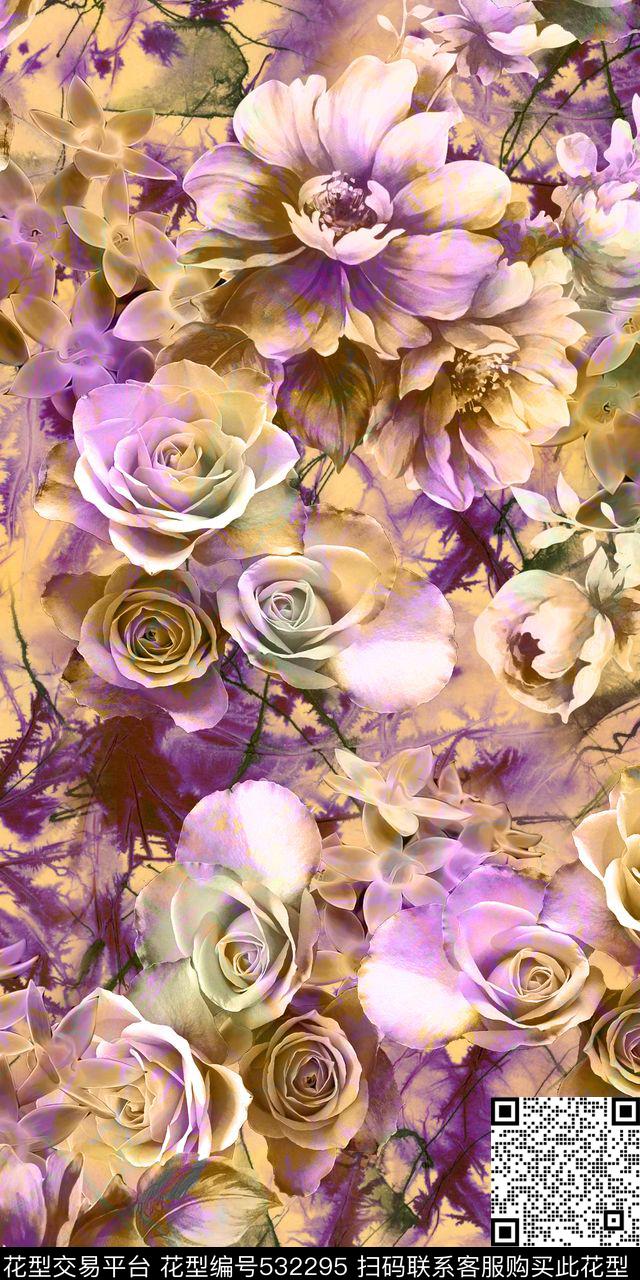 复古朦胧大气花卉组合合连衣裙花卉数码印花华亿平台下载（图片编号: 532295） - 瓦栏（Walan）