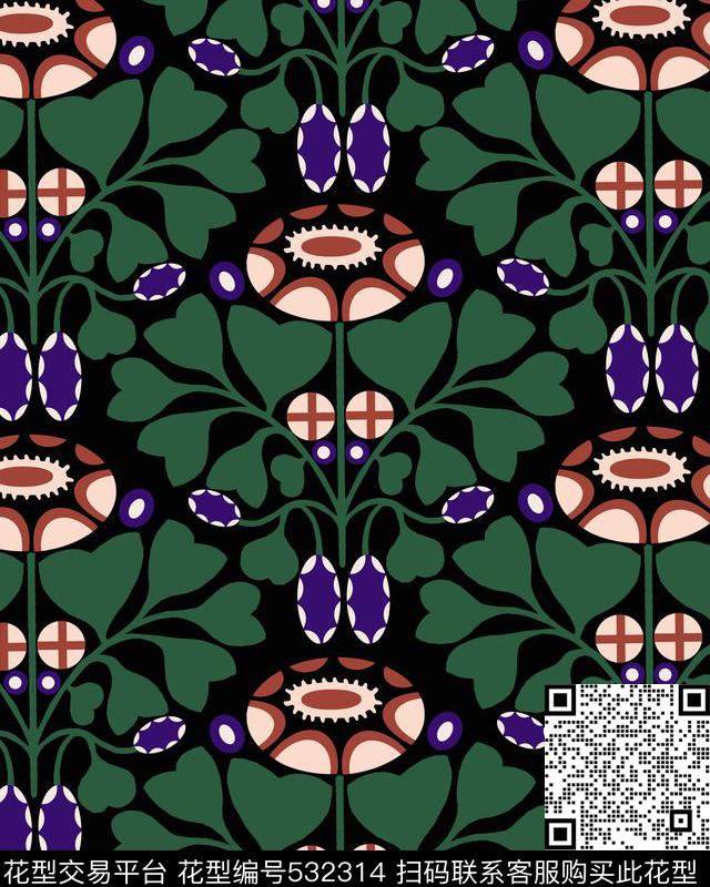 复古花卉系列半圆花对称花传统印花华亿平台下载（图片编号: 532314） - 瓦栏（Walan）