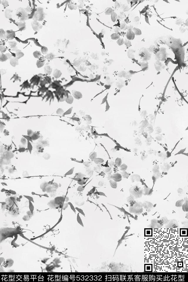 中国水墨画树枝花卉数码印花华亿平台下载（图片编号: 532332） - 瓦栏（Walan）