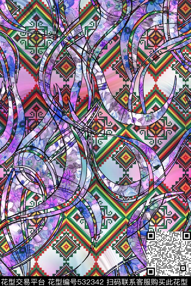 几何花幻彩中国元素数码印花华亿平台下载（图片编号: 532342） - 瓦栏（Walan）
