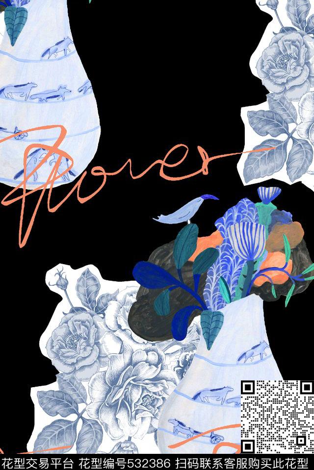 抽象花瓶手绘数码印花华亿平台下载（图片编号: 532386） - 瓦栏（Walan）