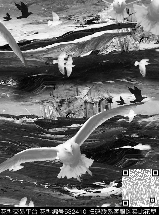 抽象海浪纹理海鸟数码印花华亿平台下载（图片编号: 532410） - 瓦栏（Walan）