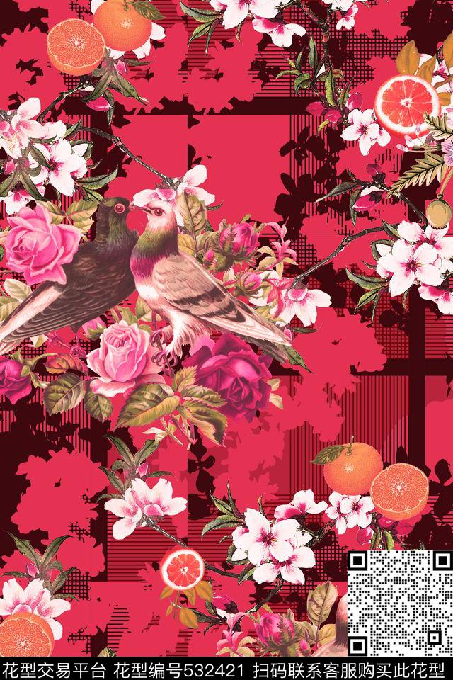 女装四方连续花鸟植物数码印花华亿平台下载（图片编号: 532421） - 瓦栏（Walan）
