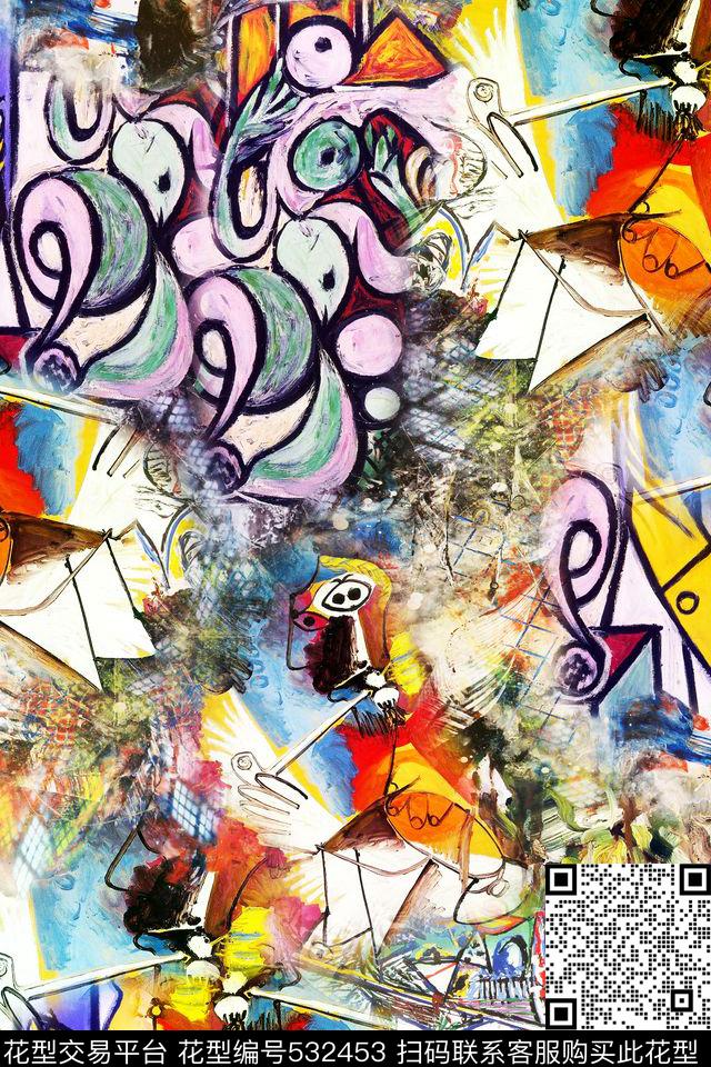 女装潮流时尚大牌时尚抽象涂鸦数码印花华亿平台下载（图片编号: 532453） - 瓦栏（Walan）