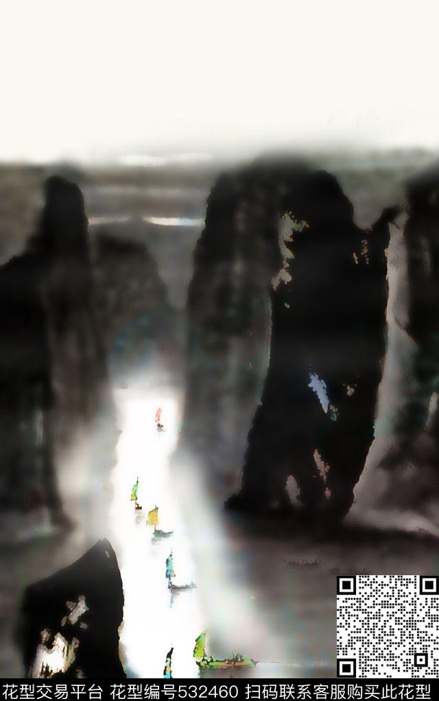 抽象中国风山水画风景桂林中国风数码印花华亿平台下载（图片编号: 532460） - 瓦栏（Walan）