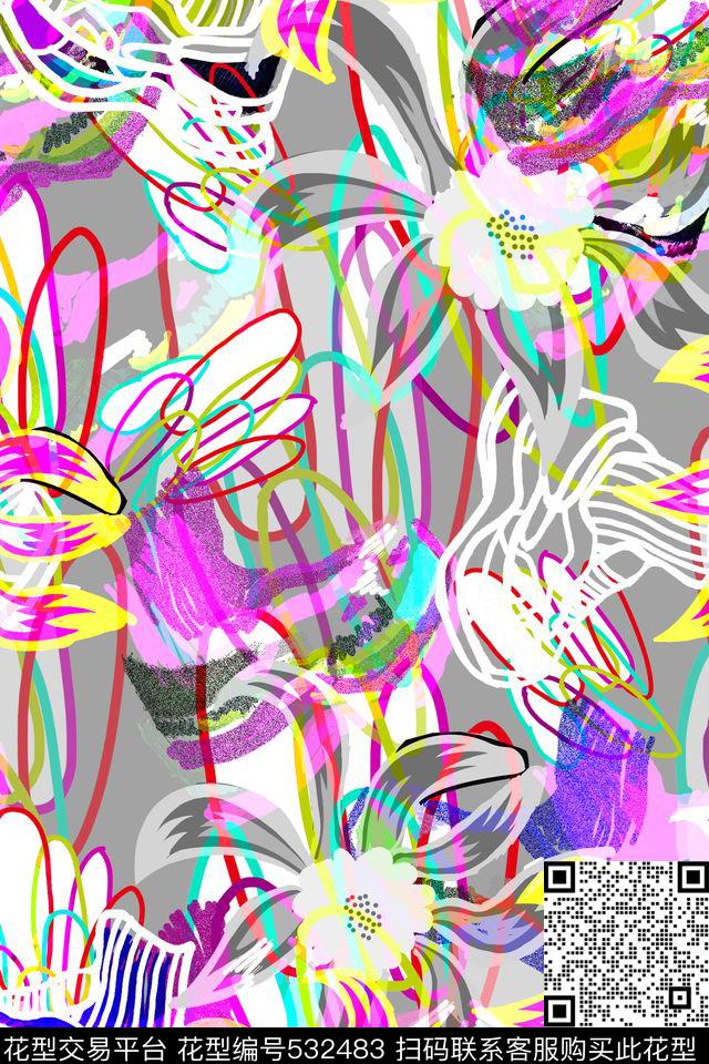 原创手绘流行时尚数码印花华亿平台下载（图片编号: 532483） - 瓦栏（Walan）