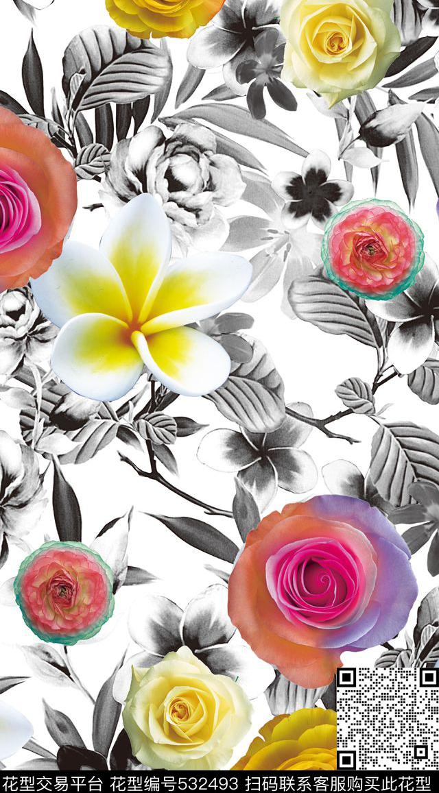 花卉潮流时尚大牌素雅黑白花卉数码印花华亿平台下载（图片编号: 532493） - 瓦栏（Walan）