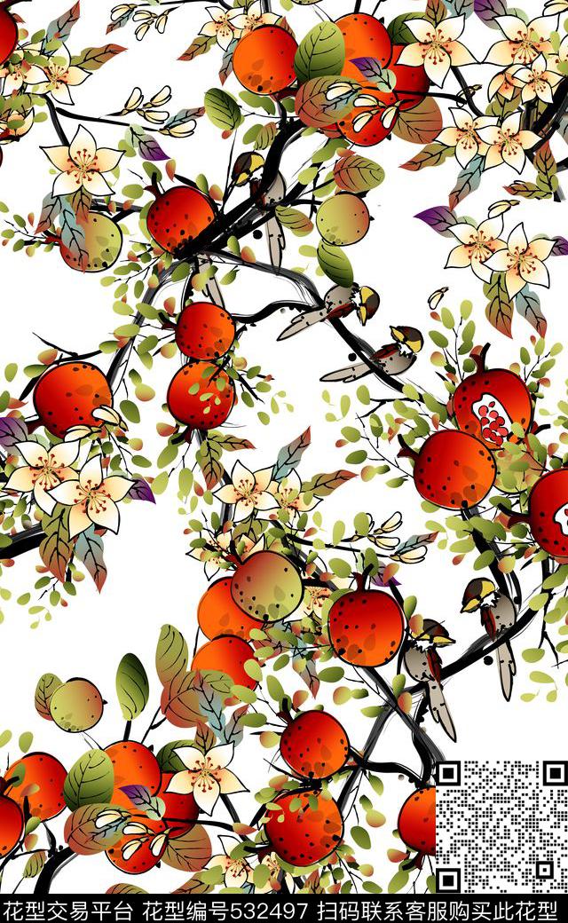 橘子花流行时尚石榴花数码印花华亿平台下载（图片编号: 532497） - 瓦栏（Walan）