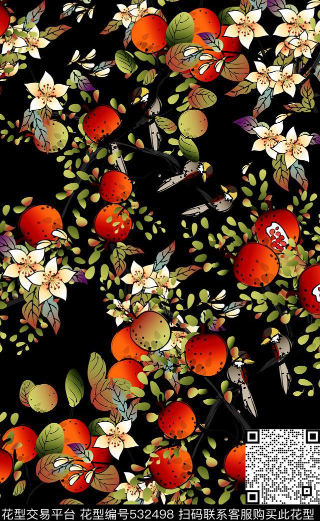 中国风橘子花石榴花传统印花华亿平台下载（图片编号: 532498） - 瓦栏（Walan）