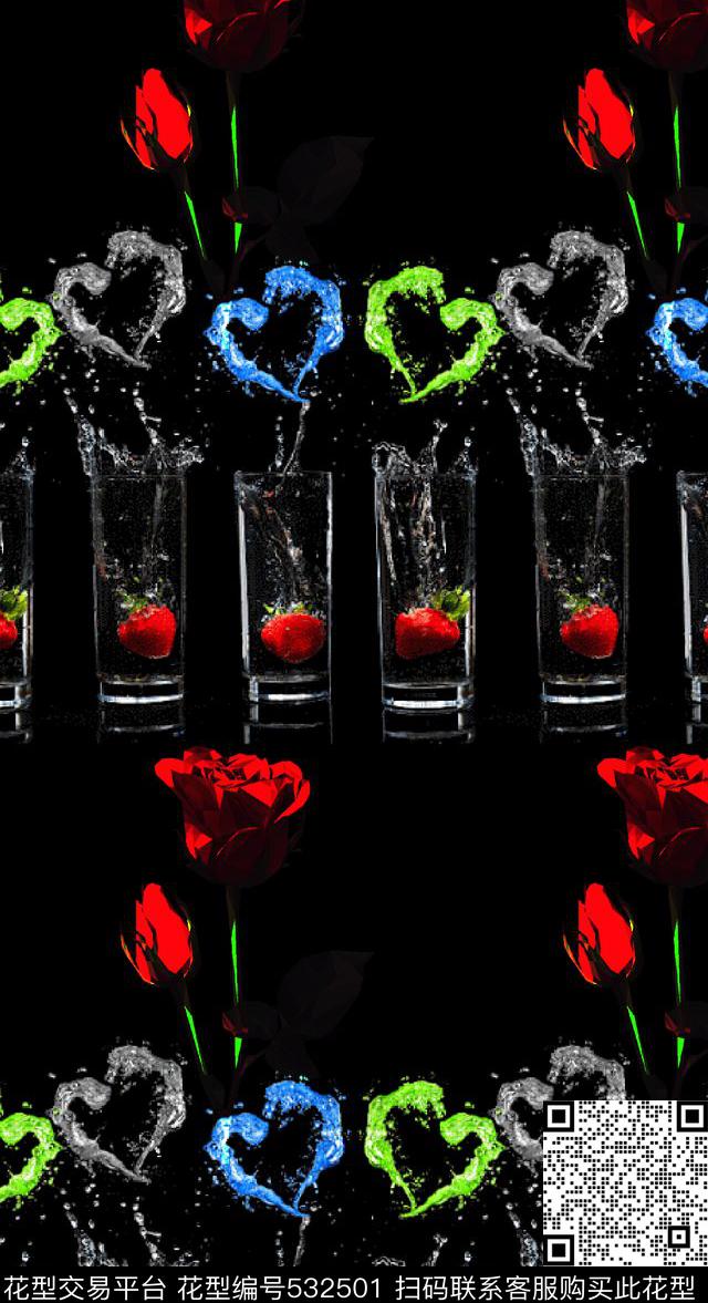 抽象爱心草莓数码印花华亿平台下载（图片编号: 532501） - 瓦栏（Walan）