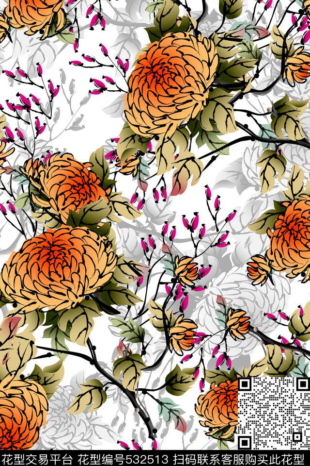 中国风菊花数码印花数码印花华亿平台下载（图片编号: 532513） - 瓦栏（Walan）