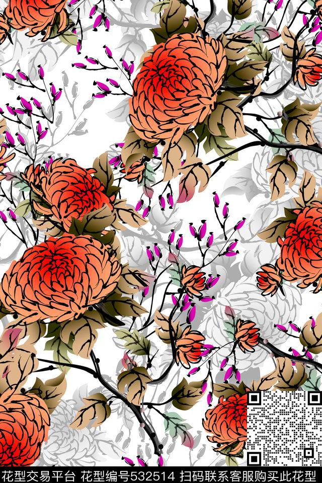 中国风菊花数码印花数码印花华亿平台下载（图片编号: 532514） - 瓦栏（Walan）