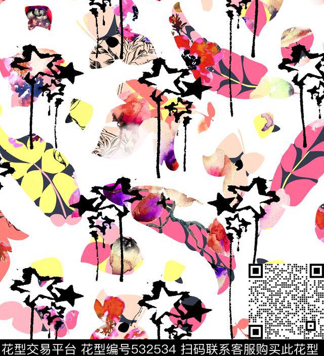 趣味时尚流行混搭星星复古花卉羽毛叶片水墨笔触叠加混搭数码印花华亿平台下载（图片编号: 532534） - 瓦栏（Walan）