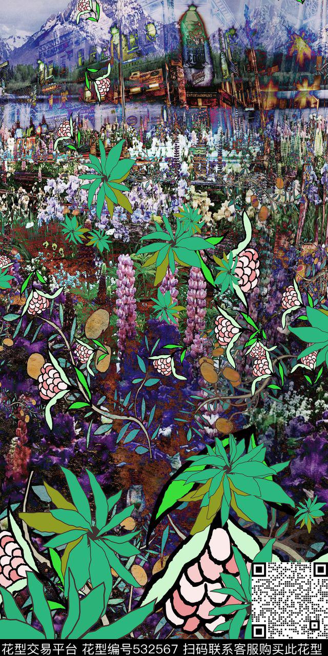 定位花雪景时尚森林复古风数码印花华亿平台下载（图片编号: 532567） - 瓦栏（Walan）