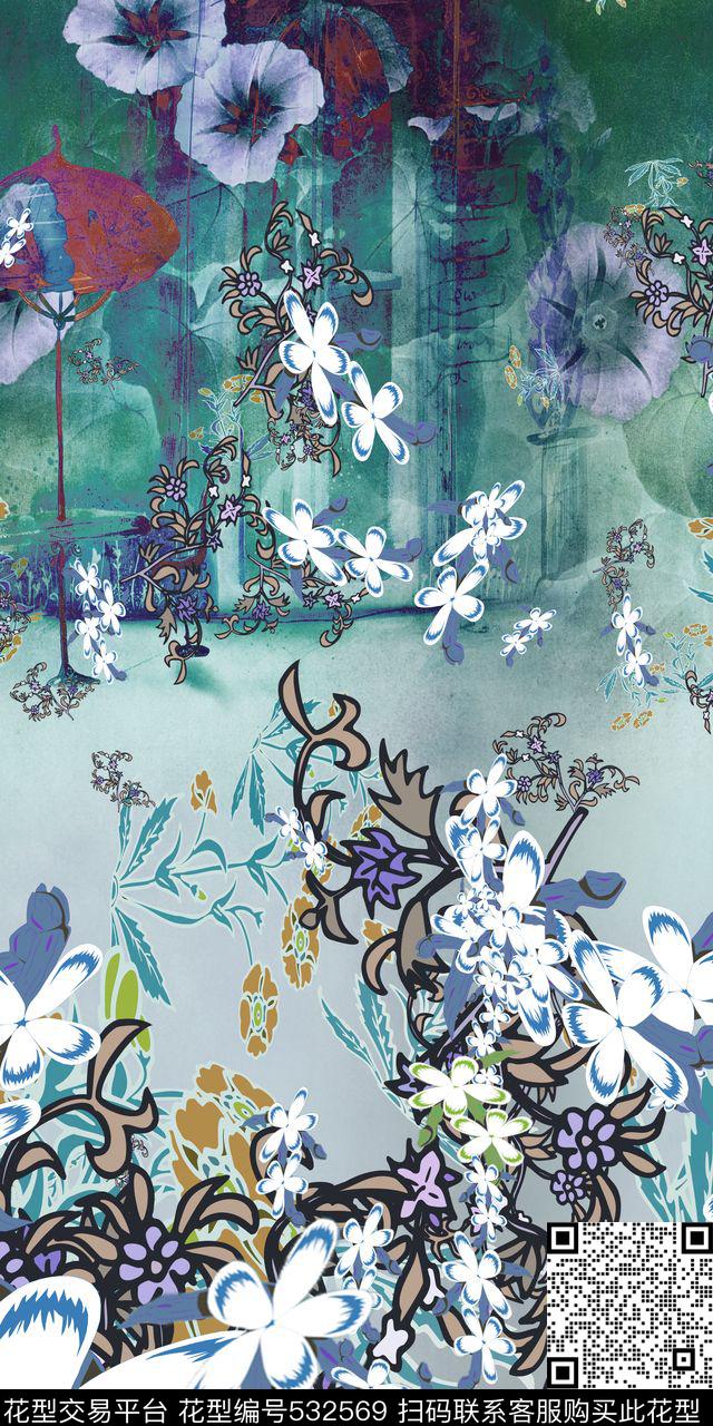 意境抽象风定位花荷花荷叶数码印花华亿平台下载（图片编号: 532569） - 瓦栏（Walan）