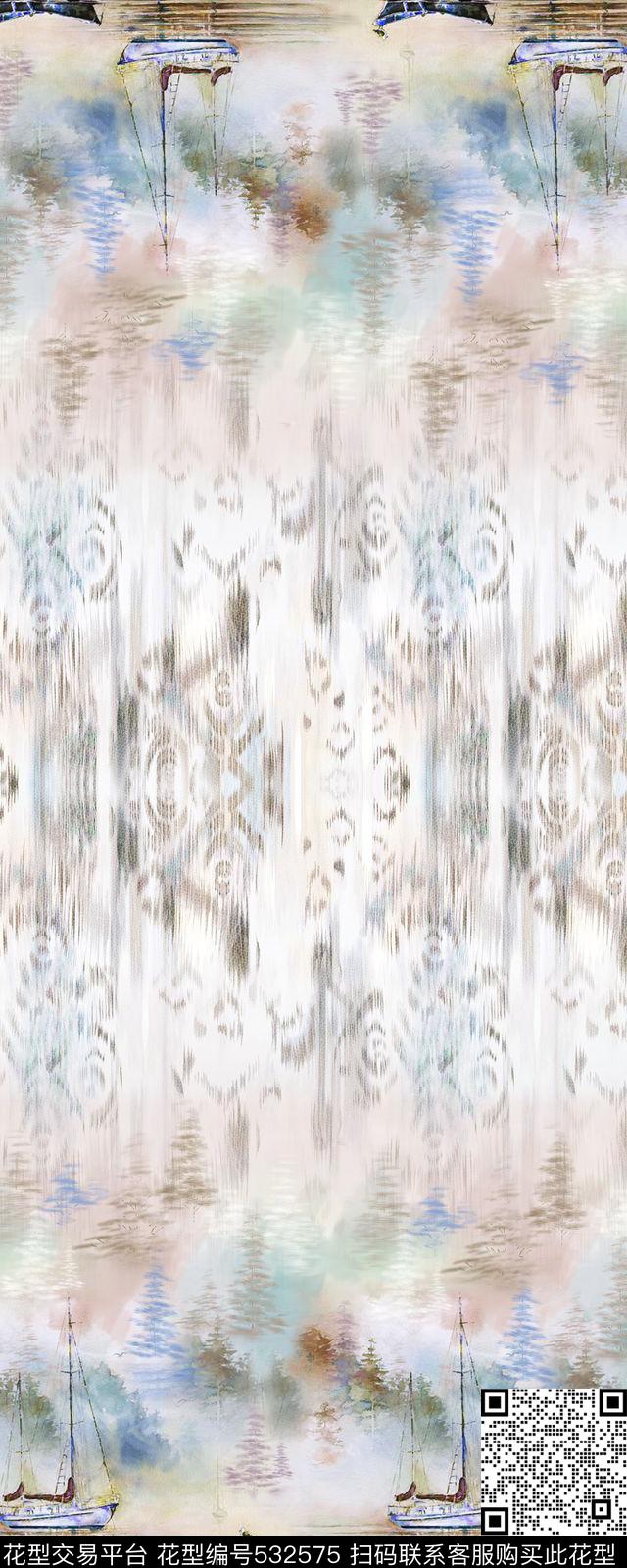 定位花水彩山水风景数码印花华亿平台下载（图片编号: 532575） - 瓦栏（Walan）