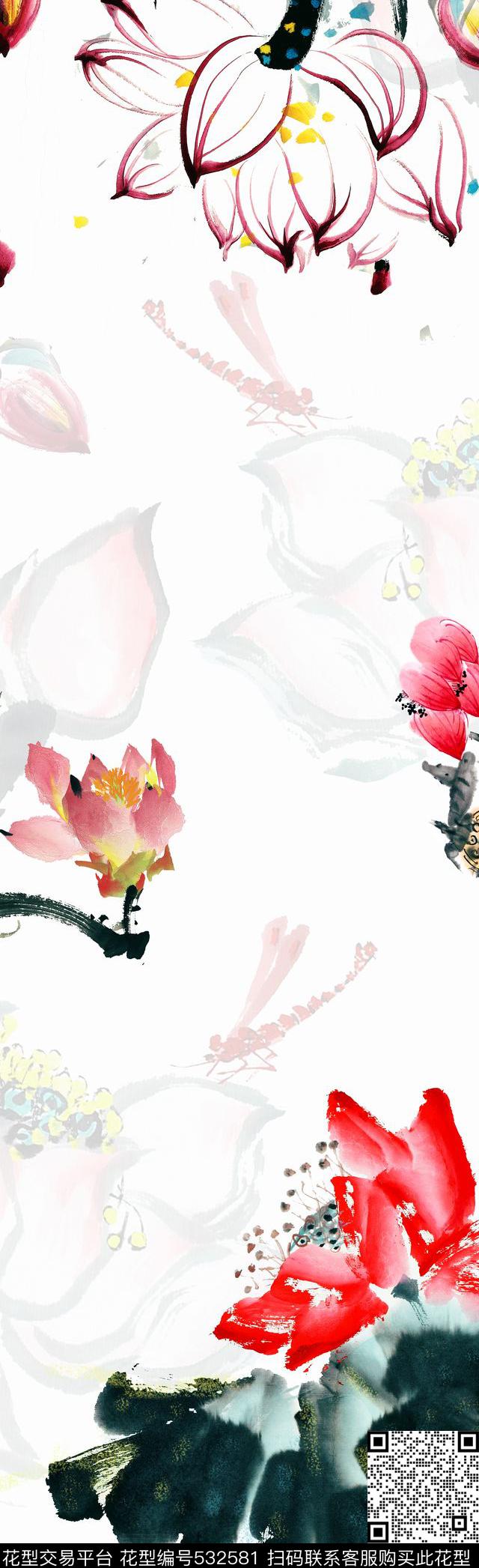 荷花水墨中国风数码印花华亿平台下载（图片编号: 532581） - 瓦栏（Walan）