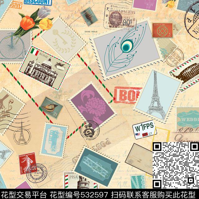 抽象邮票复古数码印花华亿平台下载（图片编号: 532597） - 瓦栏（Walan）