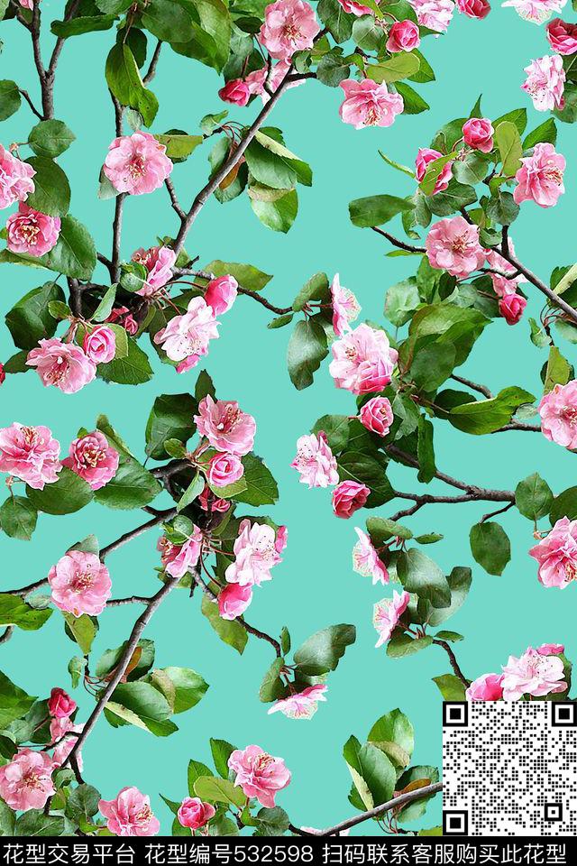 田园桃花清新文艺裙装数码印花华亿平台下载（图片编号: 532598） - 瓦栏（Walan）