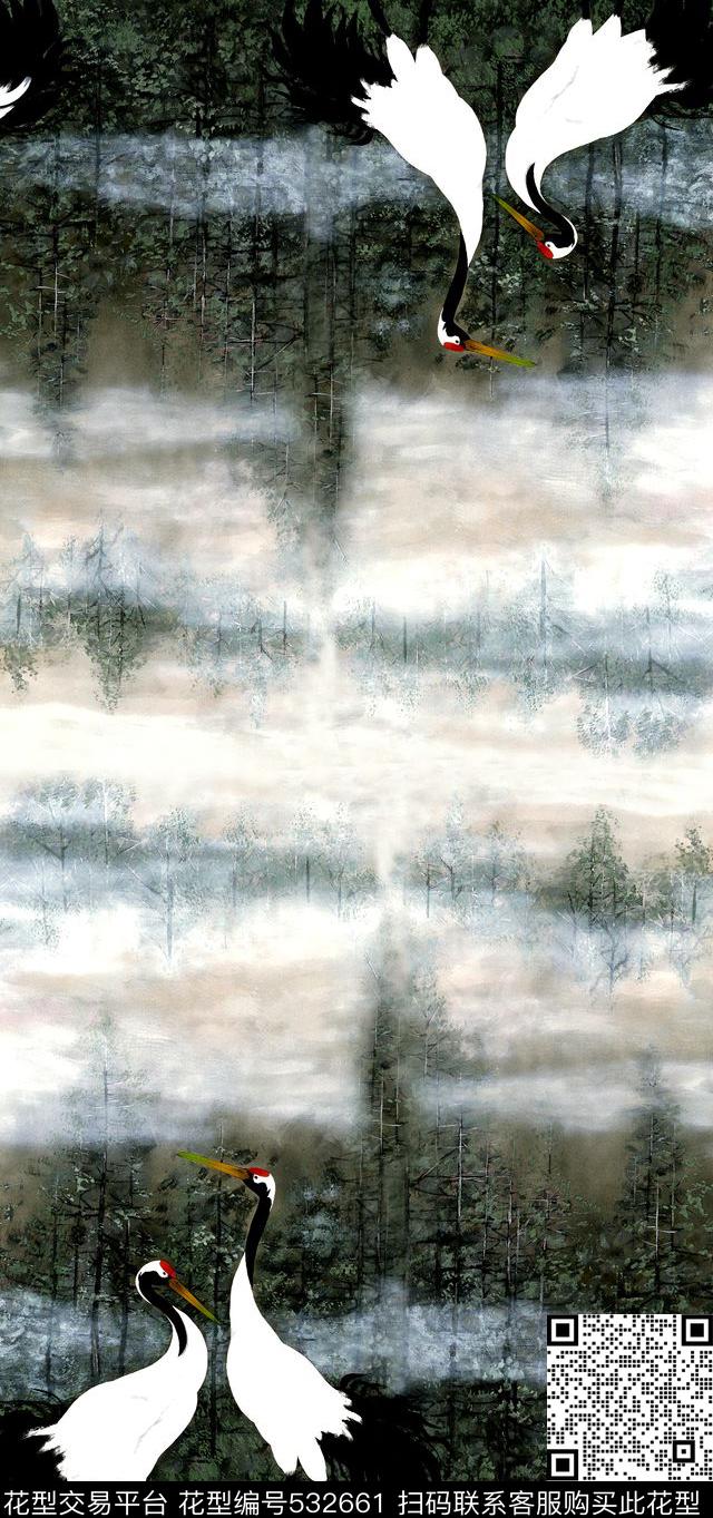 中国风中国风丹顶鹤水彩树林定位数码印花华亿平台下载（图片编号: 532661） - 瓦栏（Walan）