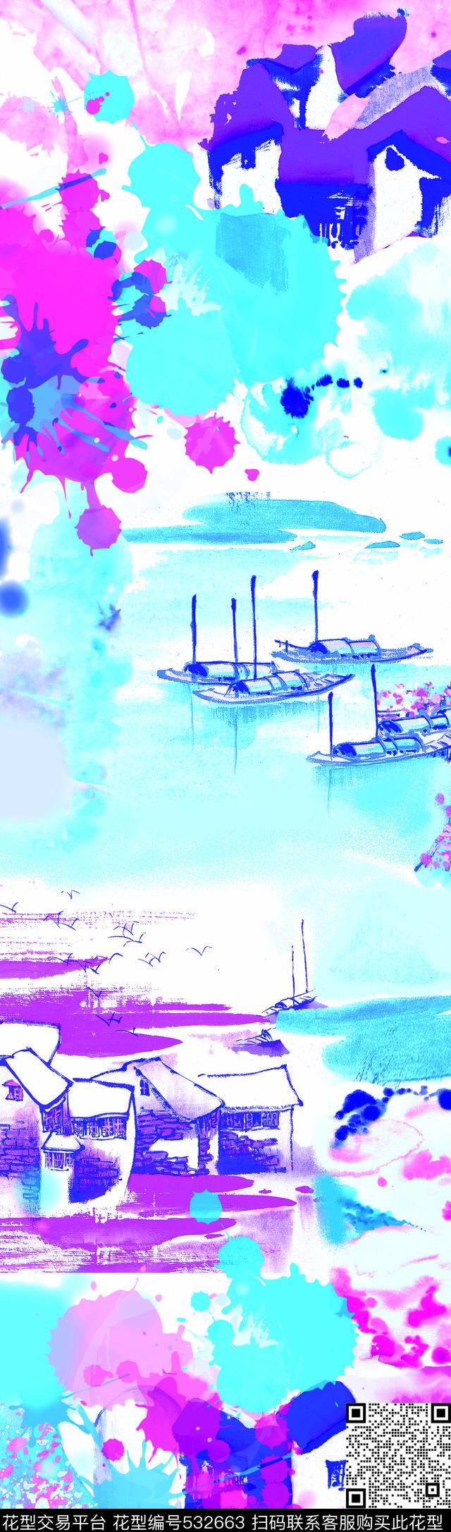 水墨江南小船数码印花华亿平台下载（图片编号: 532663） - 瓦栏（Walan）