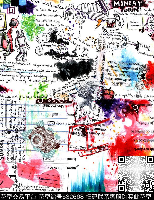 笔刷纹服装复古数码印花华亿平台下载（图片编号: 532668） - 瓦栏（Walan）