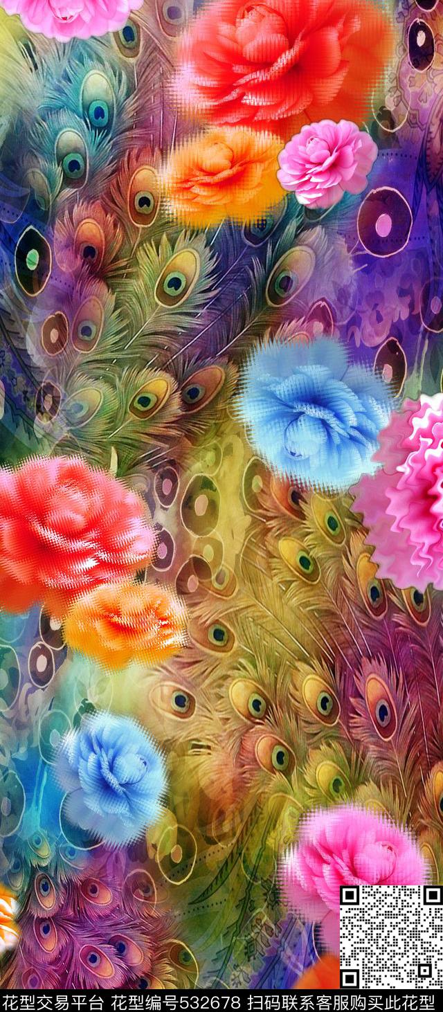 传统花卉孔雀羽毛虚化花朵数码印花华亿平台下载（图片编号: 532678） - 瓦栏（Walan）