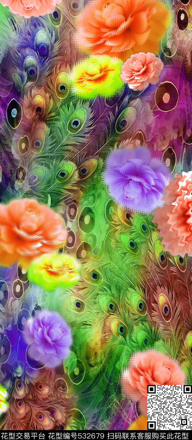 传统花卉孔雀羽毛虚化花朵数码印花华亿平台下载（图片编号: 532679） - 瓦栏（Walan）