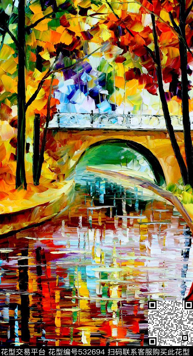 风景油画风景小桥流水金色笔触数码印花华亿平台下载（图片编号: 532694） - 瓦栏（Walan）
