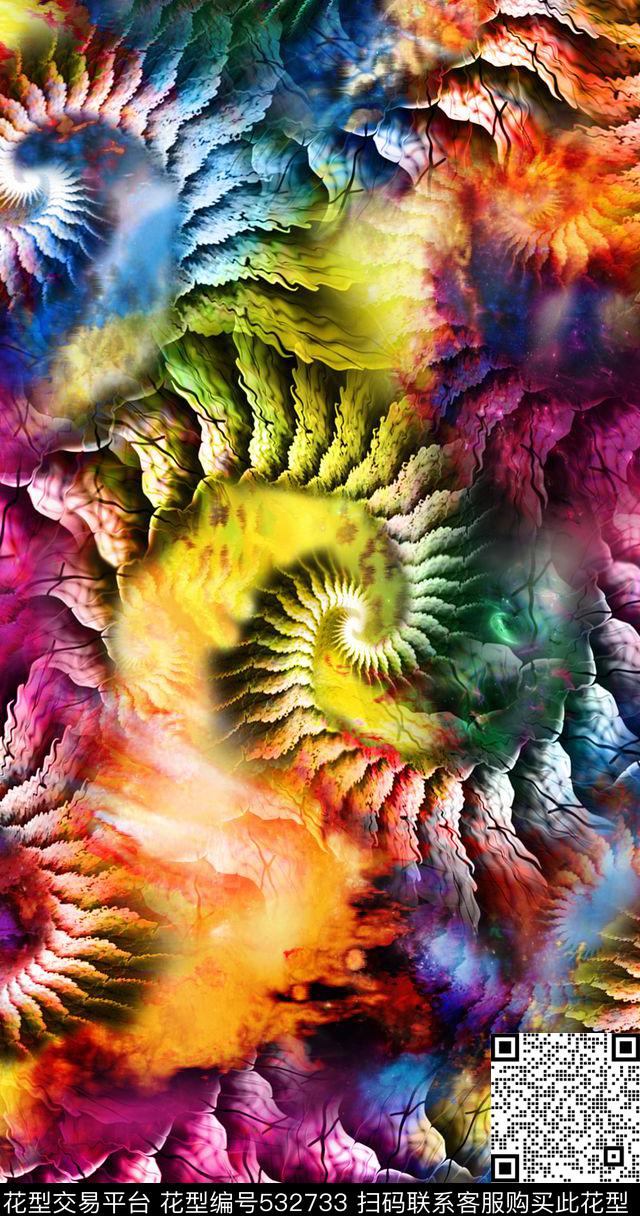 抽象牛角状漩涡纹数码印花华亿平台下载（图片编号: 532733） - 瓦栏（Walan）