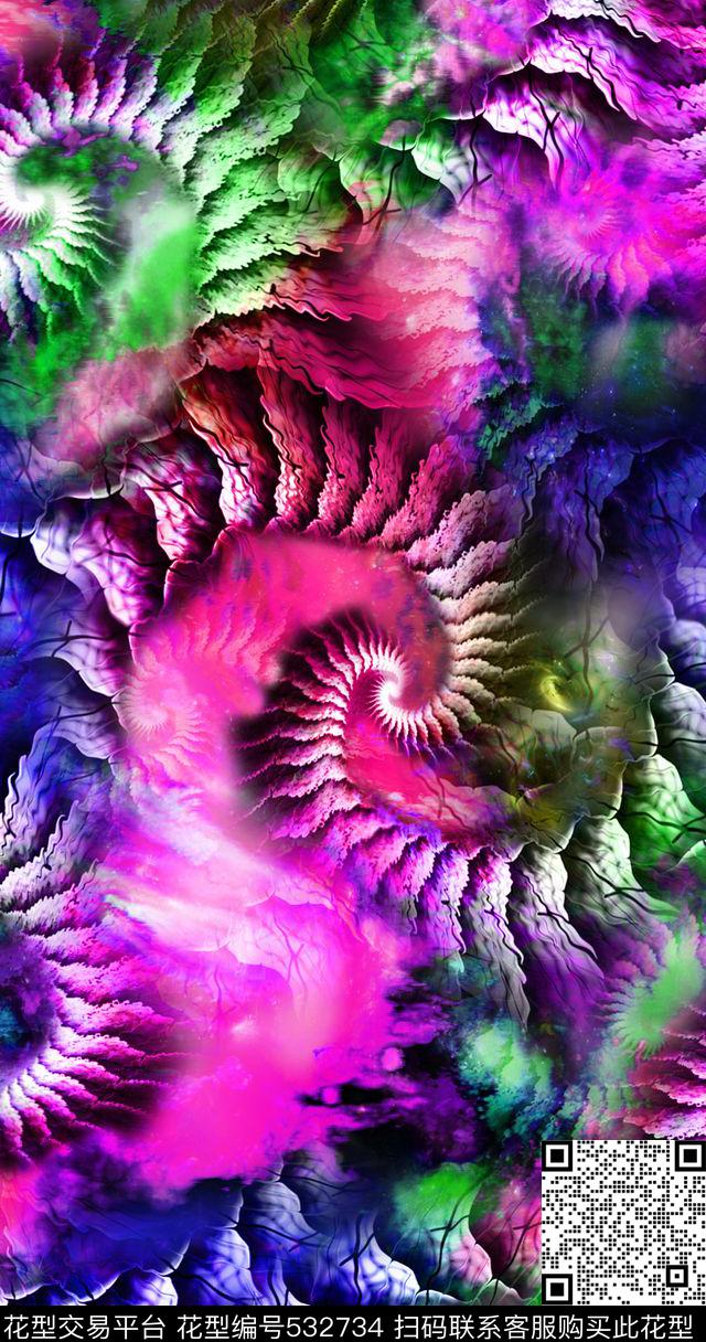 抽象牛角状漩涡纹数码印花华亿平台下载（图片编号: 532734） - 瓦栏（Walan）