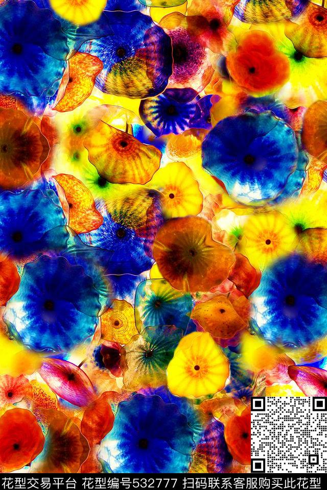 抽象花卉多彩数码印花华亿平台下载（图片编号: 532777） - 瓦栏（Walan）