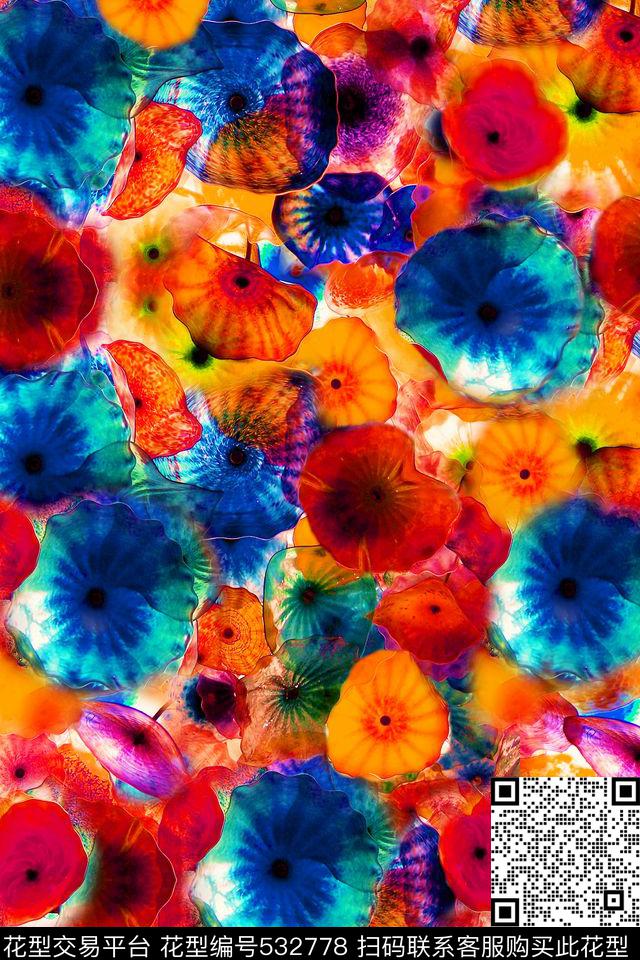 抽象花卉多彩数码印花华亿平台下载（图片编号: 532778） - 瓦栏（Walan）