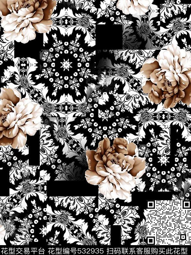 时尚抽象大气花朵欧美风数码印花华亿平台下载（图片编号: 532935） - 瓦栏（Walan）